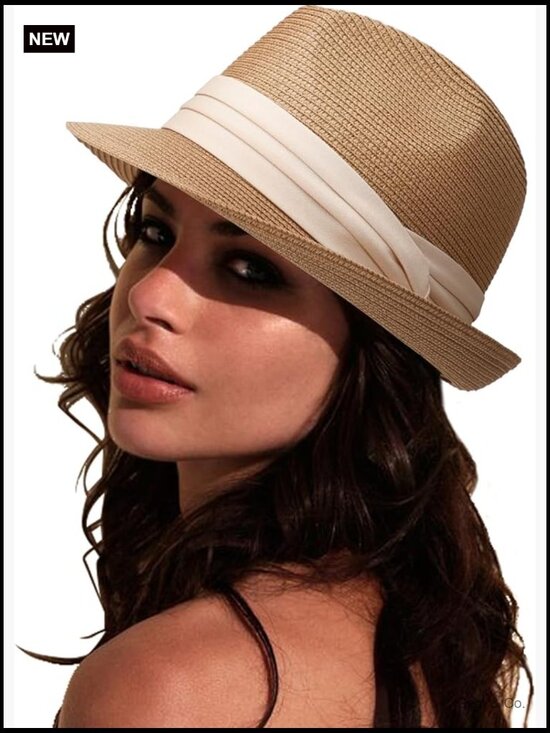 Women\'s Straw Sun Hat Short Brim Panama Travel Fedora Summer Roll Up Beach Cap main image 7